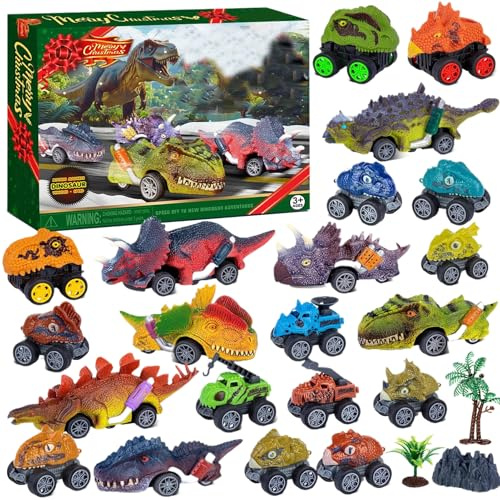 Weihnachtsdinosaurier -Autos Adventskalender 2025 Für Kinder, 24 Countdown -Kalender Mit Realistischen Dinosaurierfiguren, Dinosaurierspielzeug Adventskalender Pull Back Cars Set Für