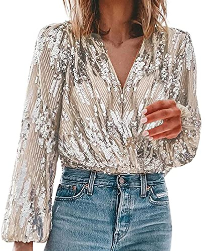 Haut De Soiree Femme Paillettes Sequin Manches Longues Cami Tops Couleur Unie Chemisier Haut Sexy Tenue Festive Gilet Élégant Y2k Vêtements Disco Scintillantes Mode T-Shirt