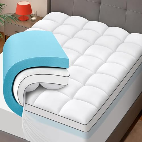 JURLYNE Dual Layer 4 Inch Memory Foam Mattress Topper Queen Size - 2 Inch Cooling Gel Memory Foam Plus 2 Inch Pillow Top Thick Mattress Pad - Pressure-Relieving Comfort