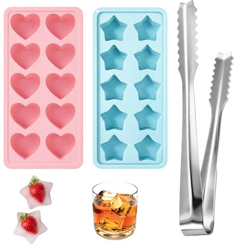 Silicone Ice Cube Tray, Star and Heart Shaped Ice Cube Trays with Tweezer, Novelty Ice Cube Moulds for Creative Drinks and Cocktails, Durable Kitchen Accessory Set with Flexible Design