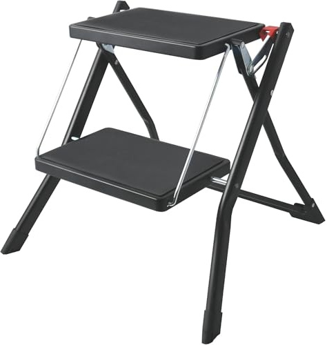 Well Home Escalera Plegable de 2 Peldaños en Acero de Color Negro, Antideslizante y Ligera