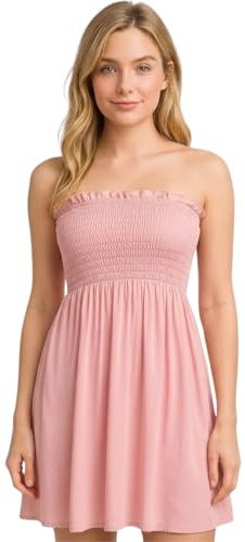 STAR FASHION Women’s Strapless Sheering Ruched Bandeau Dress Plain Boob Tube Sleeveless Midi Dress Summer Holiday Beach Flared Dress Soft Stretch Rose Pink 8-10