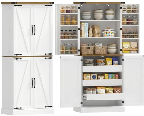 HOMCOM Buffet Haut Cuisine Armoire de Cuisine 4 Portes 76x40x182cm Blanc | Vaisselier, 3 Tiroirs, 8 Porte-Racks, Étagères Réglables, Style Rustique, Meuble de Rangement Salon, Salle à Manger