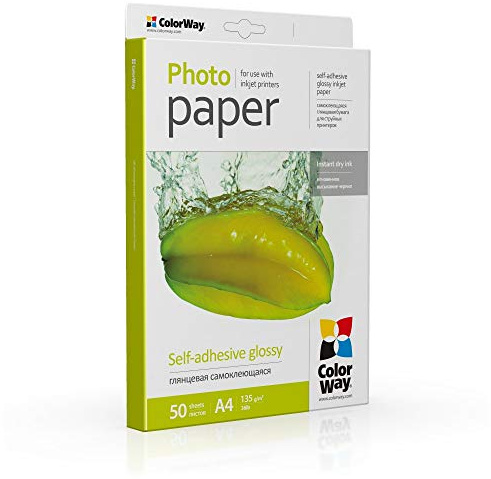 COLORWAY hoch glänzend Fotopapier Selbstklebend 50 Blatt DIN A4 135g/m² Etiketten Sofort Trocken Wasserfest für alle Tintenstrahldrucker InkJet Fotoqualität Druck