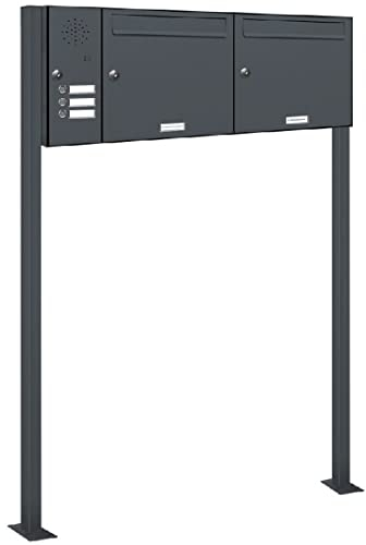 AL Briefkastensysteme 2er Standbriefkasten Anthrazitgrau RAL 7016 mit Klingel als 2 Fach Briefkastenanlage in Postkasten Doppel-Briefkasten Design modern