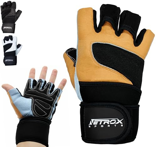 NetroxSports - Guanti Palestra Uomo e Donna - vera pelle - 40cm Polsini Palestra - antiscivolo e traspirante - Fitness, Calisthenics, Bodybuilding, Ciclismo, Gym Gloves, Accessori Sollevamento Pesi