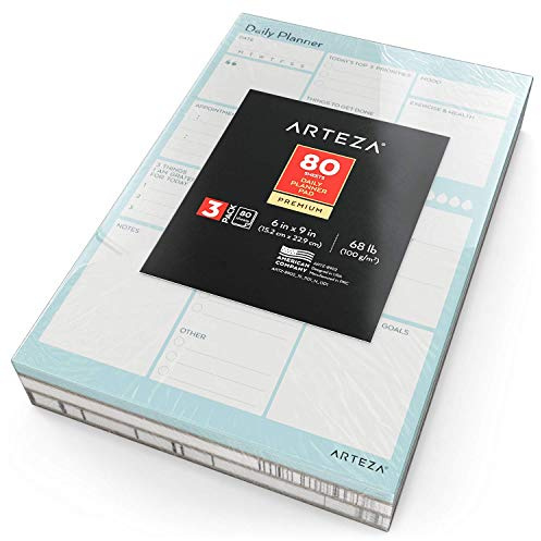 Arteza bloc de planning journalier (6x9 pouces, 80 Feuilles, 100 g/m²) 3 Pack : un agenda quotidien pour les priorités, les repas, les tâches, les rendez-vous, les exercices, les rappels