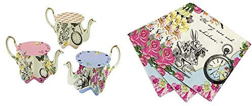 Talking Tables Truly Alice Teapot Cupcake Stands Pack of 6, Paper Multicolor, Set of 6 & Tables Truly Alice Dainty Party Napkins Pack of 20