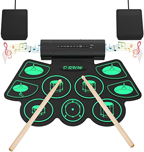 Schlagzeug Elektronisch with 9 Pads, Uverbon E-drum Set Elektronisches Schlagzeug E Drums Eingebauter Stereo-Lautsprecher mit 2 Fußpedalen & USB für Kinder und Anfänger