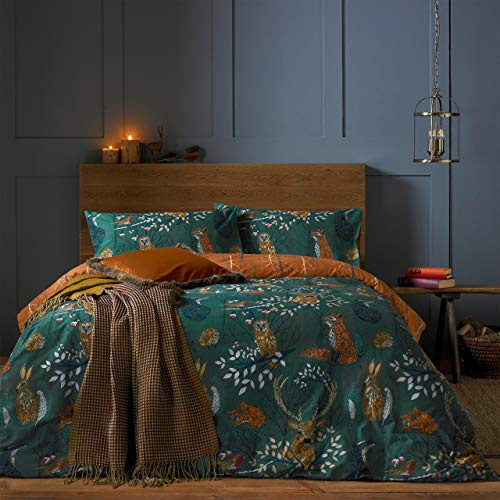 furn. Forest Fauna Woodland Duvet Set (Emerald - Double) | Reversible woodland animal print in soft polycotton