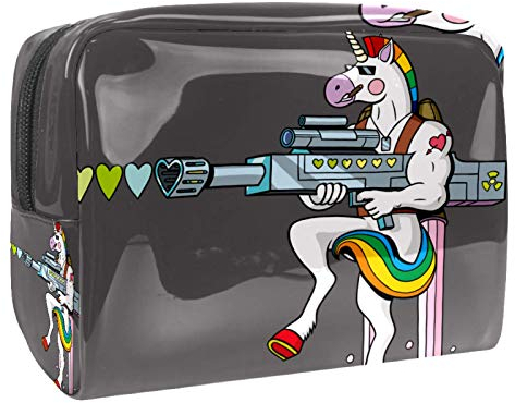 Bolsa de maquillaje portátil con cremallera bolsa de aseo de viaje para mujer, práctica bolsa de almacenamiento cosmética unicornio y pistola