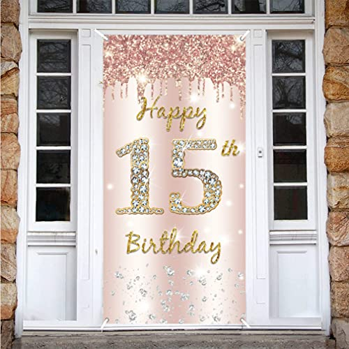 15. Geburtstag Mädchen Deko, Happy 15th Birthday Door Banner Roségold Stoff Schild Plakat Türdekoration, 15. Geburtstag Hintergrund Banner, Geburtstagsfeier Willkommensschild