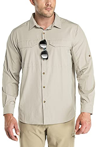 Outdoor Ventures Men's Long Sleeve Shirts UPF 50+ Button-Down Hiking Shirt | Quick Dry Outdoor Safari UV Shirts, Roll-Up Sleeve, Back Vents, Lightweight Breathable Shirt for Travel Walking Fishing