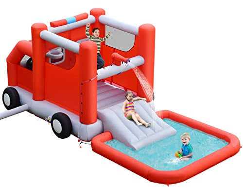 COSTWAY Inflatable Water Park, Firefighting-Themed Jumping Bouncy Castle with Slide, Splashing Pool, Outdoor Blow Up Activity Center for Kids Summer Play