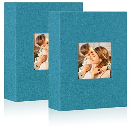 Lanpn Photo Albums 7x5 Pockets, Linen Slip in Top Loading Photo Album Holds 50 Portrait 13x18cm Pictures (Teal, 2 Packs)