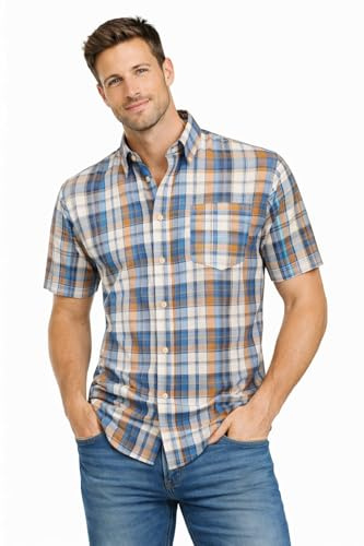 Blu Apparel Men's Checked Shirt Mens Shirts Short Sleeve and Long Sleeve Cotton Casual Shirt for Men (UK, Alpha, L, Regular, Regular, Blue/Tan)