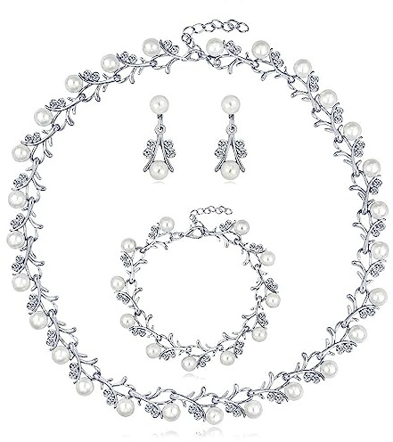 Loutade Braut Schmuckset für Damen, Glitzernde Kristall Perlen Hochzeit Schmuck Sets, Halskette Ohrhänger Armband Set mit Perlen & Strass, Braut Brautjungfer Schmucksets Brautschmuck für Frauen