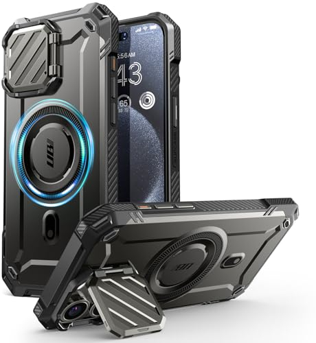 SUPCASE Coque pour iPhone 15 Magnétique avec Protecteur Caméra Support Réglable [MagSafe Compatible] [Mag XT] Robuste avec Béquille Intégrée Protection pour iPhone 15/ iPhone 14/ iPhone 13, Noir