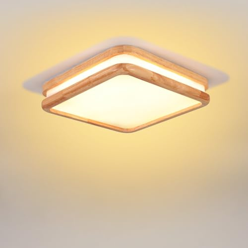 LIGKIN LED Lámpara de Techo de Madera 24W Plafones Cuadrado Moderna 3000K Luz Cálida LED Techo Doble Capa Lámpara de Techo de Acrílica por Cocina Dormitorio Salón Corredor Oficina Ø30cm
