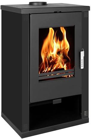 9 kW Kaminofen EWO Theia - Holzofen mit Seitenverkleidung in Schwarz - Kamin mit kleinem Holzfach