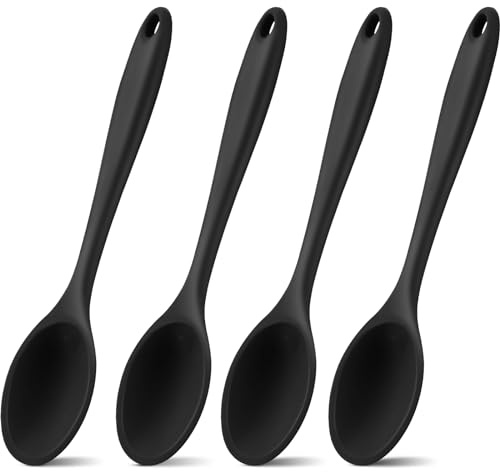 Shappy 4 Pieces Silicone Cooking Spoons 10.6 Inch Heat Resistant Kitchen Spoons for Mixing, Serving and Stirring Upgrade Large Non Stick Basting Utensils, Dishwasher Safe(Spoon,Black)