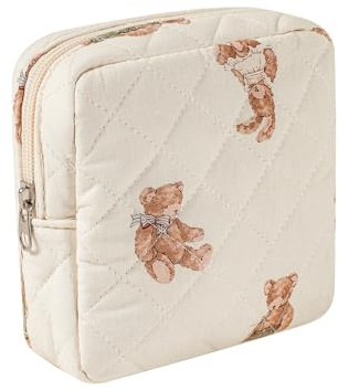 Small Quilted Cotton Makeup Bag for Purse, Cosmetic Bag with Compartments, Cotton Aesthetic Makeup Bag, Travel Toiletry Pouch, Key Pocket Lipstick Bag Card Holder Data Cable Organizer（01White Bear）