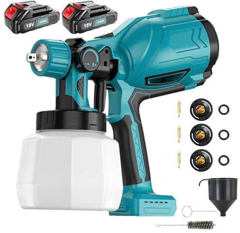 Akku Farbsprühsystem, Elektrisches Lackierpistole Kompatibel mit Makita 18V Akkus, mit 2pcs Lithium Batterie 4 Düsen 3 Spritzmuster, 1000ml farbsprühgerät für Gartenzaun, Wände, Decke