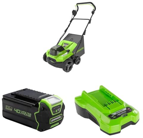 40V Akku Vertikutierer und Rasenharke von Greenworks mit bürstenlosem Motor, 3100 U/min, 38 cm Arbeitsbreite, 5 Tiefen, 45L Auffangbehälter, 3 Jahre Garantie mit 40V 5Ah Akku & 2A Ladegerät