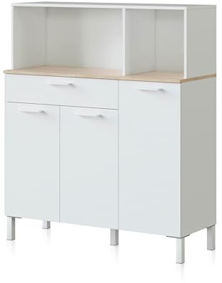duehome | Alacena de Cocina, Mueble Auxiliar 3 Puertas + 1 Cajon y Estante Interior, Modelo Colin, Acabado en Blanco Artik y Roble Canadian, Medidas: 108 cm (Ancho) x 126 cm (Alto) x 40 cm (Fondo)