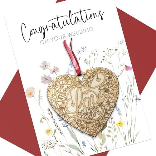Large Wedding Card with Rustic Wooden Heart Shaped Pendant on the front with Detailed Engraving and the word Love engraved