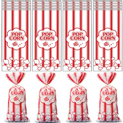 200 Stück Popcorn Tüten, 21x9cm Popcorntüten Klein, Rot-Weiße Gestreiften Kunststoff Tütens Popcorn, Süßigkeiten Partytüte, Candybar Tüten Für Party, Kino Filmabende Und Markt