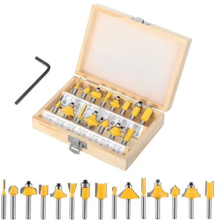 Losxuido Juego de 15 fresas para fresadora de 6 mm, mango de 6 mm, fresa de ranura, fresa de perfil, fresa superior, juego con maletín de madera para trabajar la madera (6 mm amarillo)