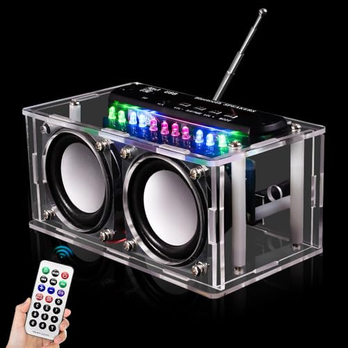 Kit Électronique Radio, 87.5-108 MHz DIY Kit Soudure Electronique, Haut-Parleur Bluetooth Kit Soudure avec Voyant LED, Boîtier en Acrylique, Télécommande, pour Apprendre à Souder