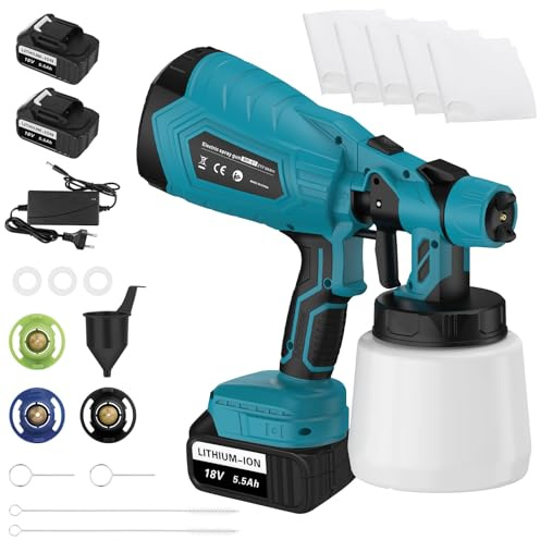 Pistolet a Peinture sans Fil avec 2 * 5500mAh Batterie, ASUNCELL Pistolet Peinture Electrique avec Grand récipient de 1 000 ML, pour Murs, Plafonds, Meubles, Clôtures, Armoires