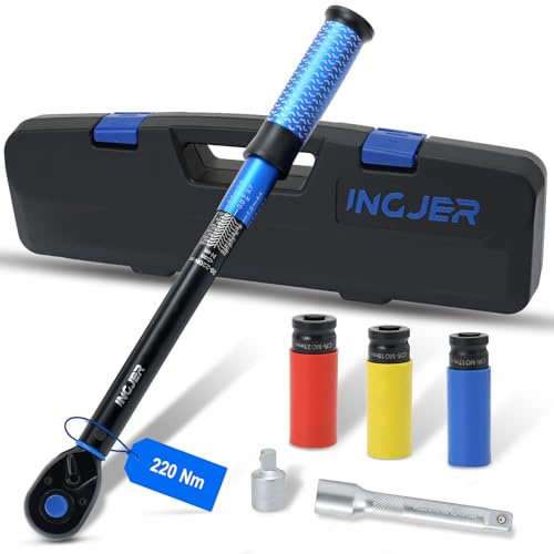 INGJER Set di chiavi dinamometriche per auto, 1/2, 20-220 Nm, certificato TÜV GS, 6 pezzi, con asta di prolunga da 125 mm, adattatore da 1/2-3/8, 3 bussole da 17/19/21 mm, torque wrench per