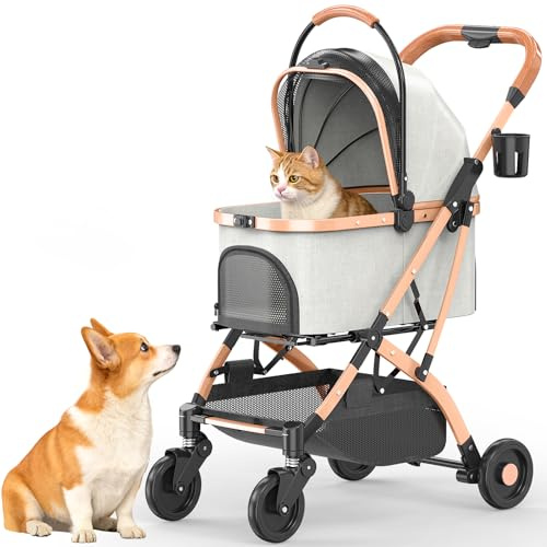 Dog Pram, Foldable Pet Stroller, Aluminum Alloy Frame for Small & Medium Cats/Dogs, with Wear-Resistant High-Density PU Wheels, Removable Washable Pad, Cup Holder, One-Key Brake & Shock Absorption