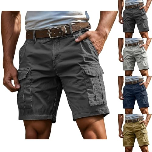 Générique Short Homme Coton Lin Bermuda avec 4 Poches Été Plage Cargo Shorts et Bermudas Taille Elastique Short de Travail Cordon de Serrage Uni Baggy Pantacourt Casual Décontracté