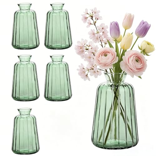 Otauoaea Juego de 6 jarrones pequeños de Cristal para decoración de Mesa de Boda, Estilo Vintage, Mini jarrones de Cristal para decoración de Mesa, Color Verde