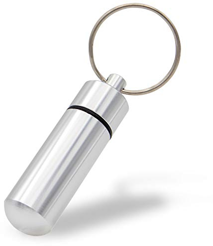 Aribari Mini Pillendose aus Aluminium mit Schlüsselring. Wasserdichte Tablettenbox. Notfallkapsel. Geschenkanhänger oder Adressanhänger. Länge 5,2 cm ø 1,4 cm (Silber 1 Stück)