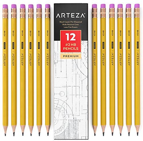 ARTEZA Lot de 12 crayons graphite HB avec étui en bois avec gommes, pré-taillés avec des caoutchoucs sans latex, pour l'école, le bureau, l'écriture, le dessin et l'esquisse