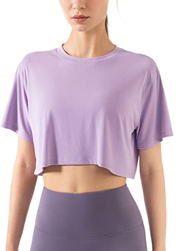 Damen Fitness Trainieren Crop-Tops Kurzarm Yoga T-Shirts Sportlich Betrieb Sport-Shirts Helles Lila M