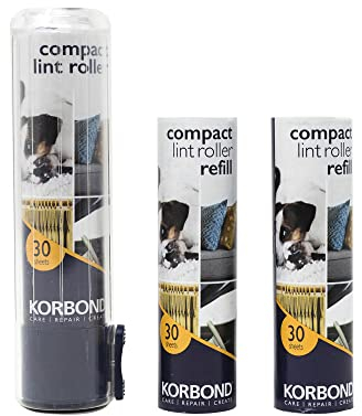 Korbond Rullo compatto per lanugine e ricariche – Rullo per rimuovere pelucchi – Include 3 rotoli di fogli adesivi