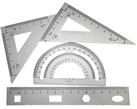 4 delar silver matematik geometri verktyg aluminiumlegering triangel linjal fyrkantigt set, studenttillbehör ritset inklusive gradskiva