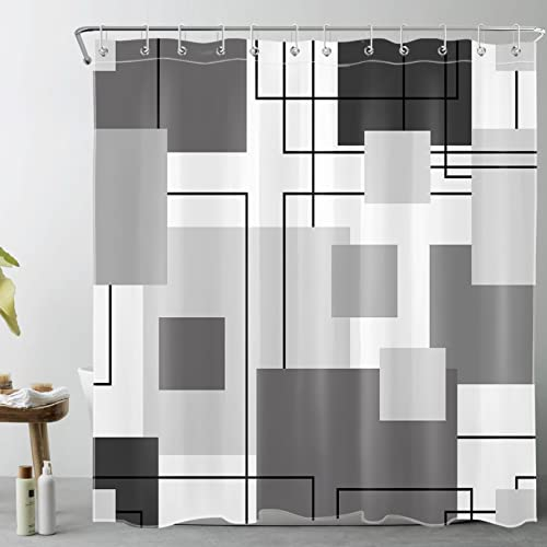 LB Grey and White Striped Geometric Shower Curtain Decor, Abstract Mid Century Modern Black Shower Curtains for Bathroom 72X72 inch Polyester Fabric Bathroom Decoration Bath Curtains Hooks Included