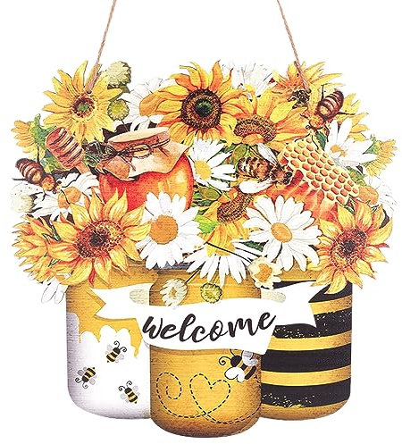 CREATCABIN Cartello di Benvenuto Ape Cartello in Legno Felice Decorazione per La Porta D'Ingresso Cartello per Porta in Legno di Girasole Appeso per Porta Decorazioni in Legno per Esterni 29.6x29.2cm
