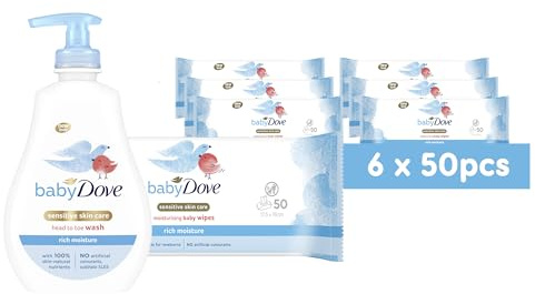 Baby Dove Rich Moisture Baby Wash and Wipes Bundle : Tear-Free Head to Toe Wash (400ml) 6x Baby Dove Rich Moisture Wipes for Soft Skin & Hair