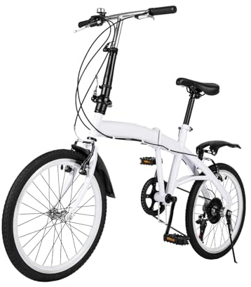 OUBUBY 20 tums vikbar cykel, 6-växlad, bärbar cykel för vuxna, camping, stadscykel, justerbar höjd för pojkar och flickor, lämplig för personer från 4,6 till 6,2 fot (vit)