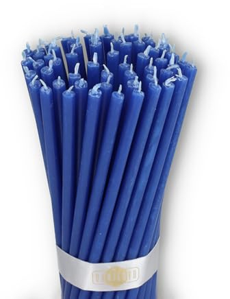 Danilovo Reine Bienenwachskerzen – tropffrei, rauchfrei, hohe, dünne Spitzkerzen – dekorative Kerzen für Kirchgebet, Deko oder Geburtstagskerzen – Honigduft Kerzen – 16 x 0,5 cm (Blau, 50 Stück)