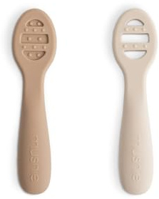 Mushie First Feeding Baby Spoons | BPA-Free Silicone Learning Spoons 2-Pack | Dishwasher Safe Durable Toddler Utensils | Natural/Shifting Sand