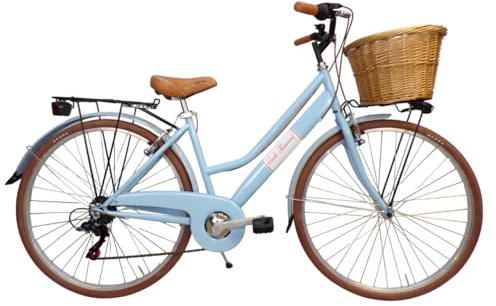 Cicli Tessari - bicicletta da donna bici da città city bike da passeggio 28'' con cambio vintage retro' cesto in vimini (azzurro)